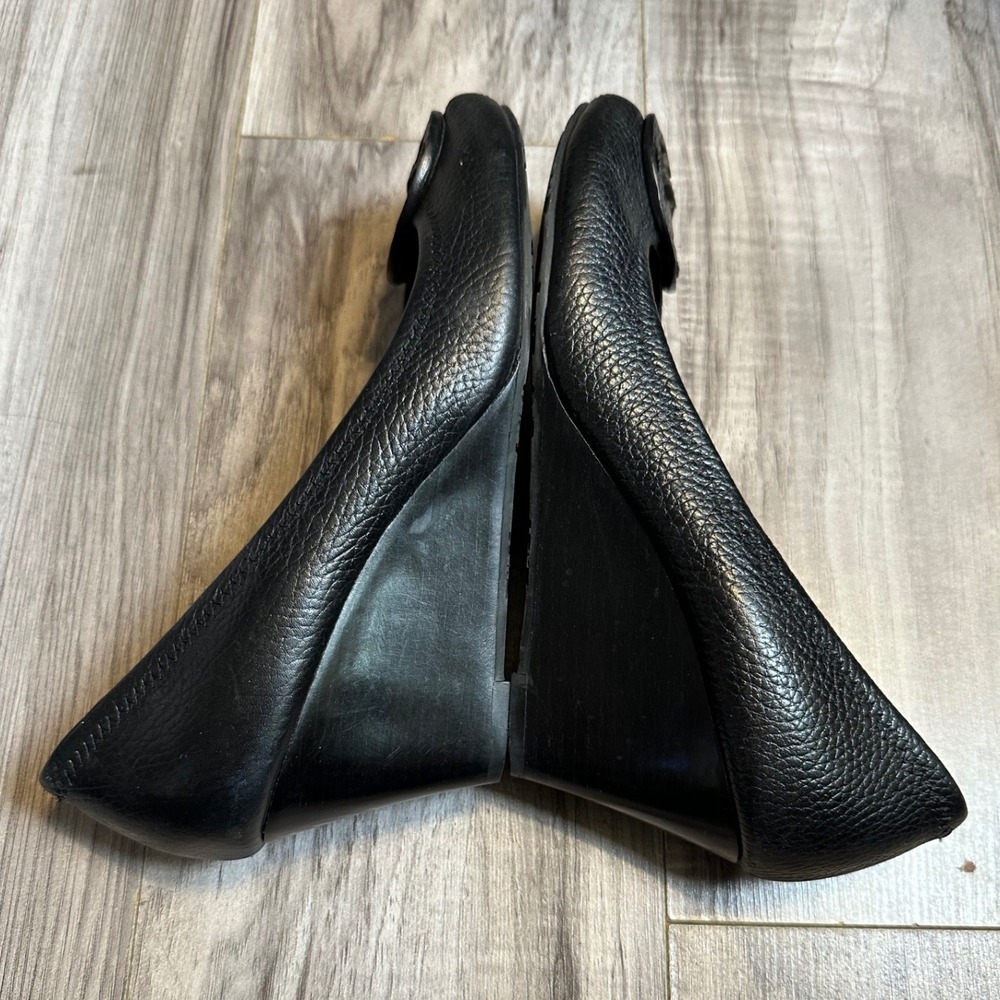 Tory Burch Sally Black Pebbled Leather Peep Toe Wedge Heels Logo Size 8.5 - Picture 8 of 10